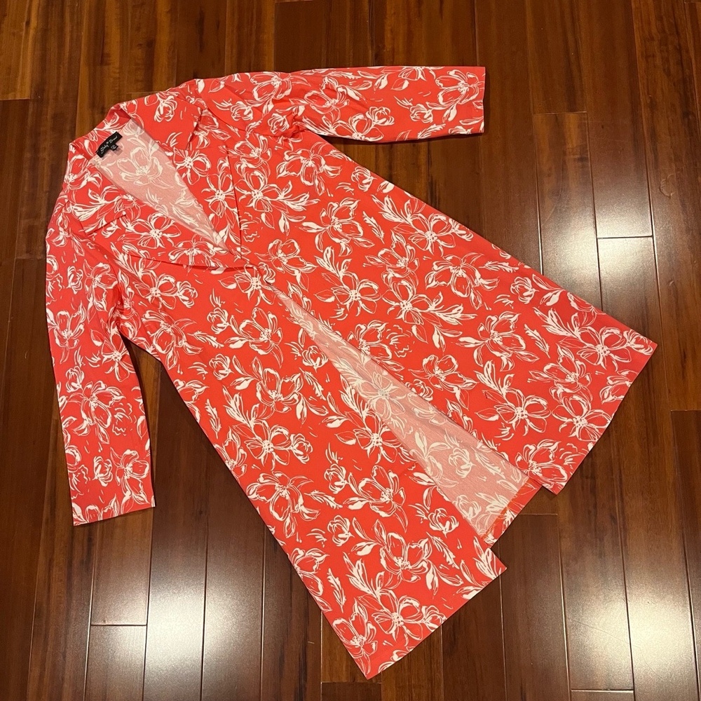 Slinky Brand Jacket‎ Duster Floral Collared Peach Pink Long Sleeve Size Medium